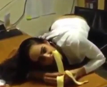 Cutest Brunette Chick Playing With Banana